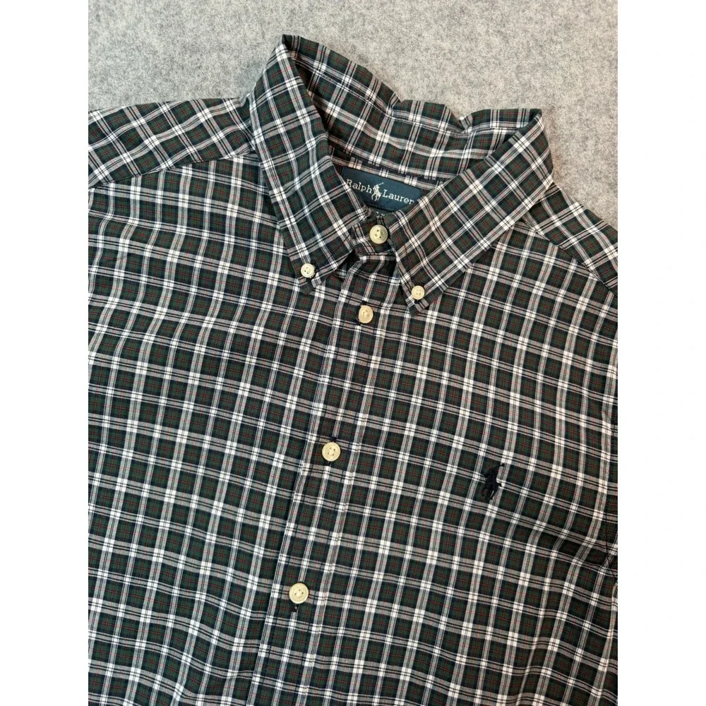 Ralph Lauren Kids Green Plaid Button Down Shirt Size L 14-16 Long Sleeve Cotton